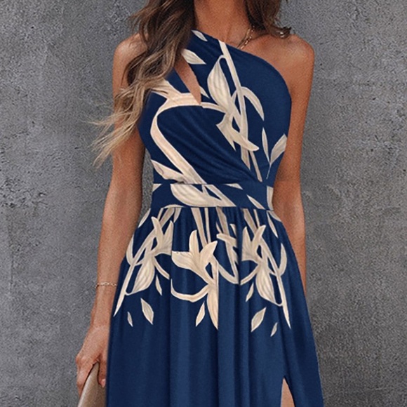 NWT ChicMe Plants Print High Slit Cutout Maxi Dress - Picture 2 of 8